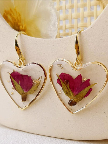 Pressed Flower Earrings - Resin Heart Dried Flower