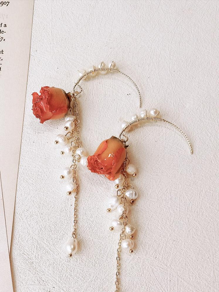 Pressed Flower Earrings - Pearl Dried Rose Flower