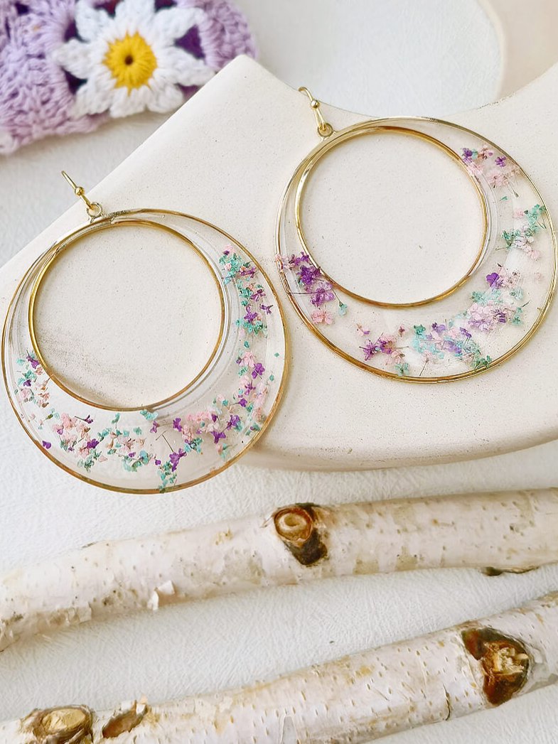 Queen Anne Lace Dried Flowers Large Hoop Earrings