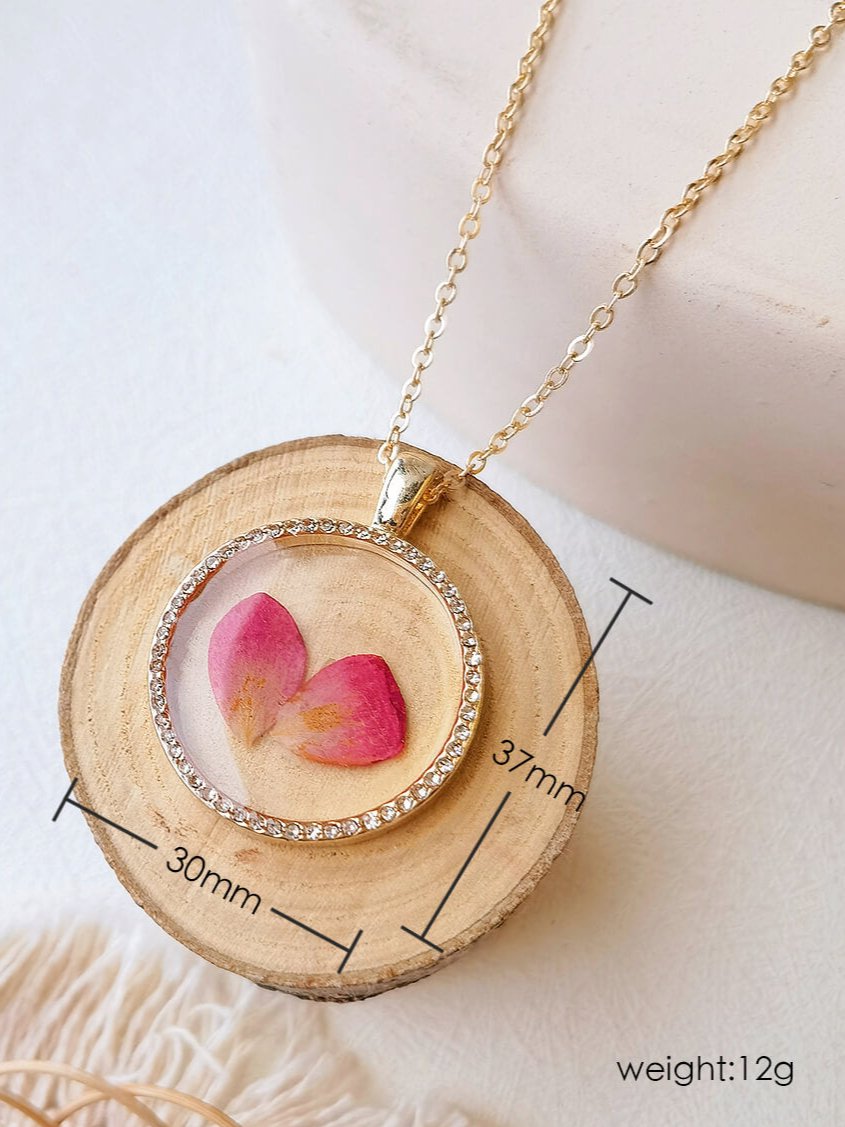 Rose Flower Resin Round Crystal Pendant Necklace