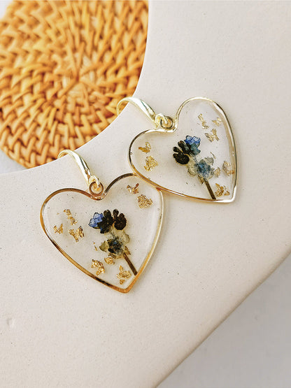 Pressed Flower Earrings - Resin Heart Dried Flower