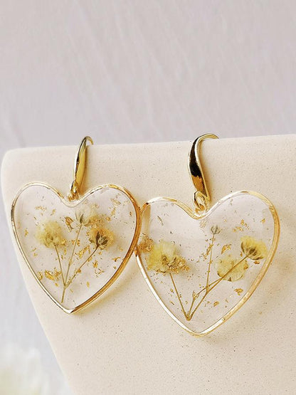 Pressed Flower Earrings - Resin Heart Dried Flower