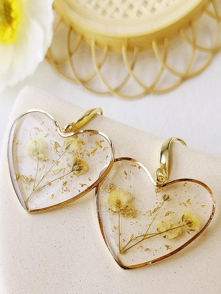 Pressed Flower Earrings - Resin Heart Dried Flower