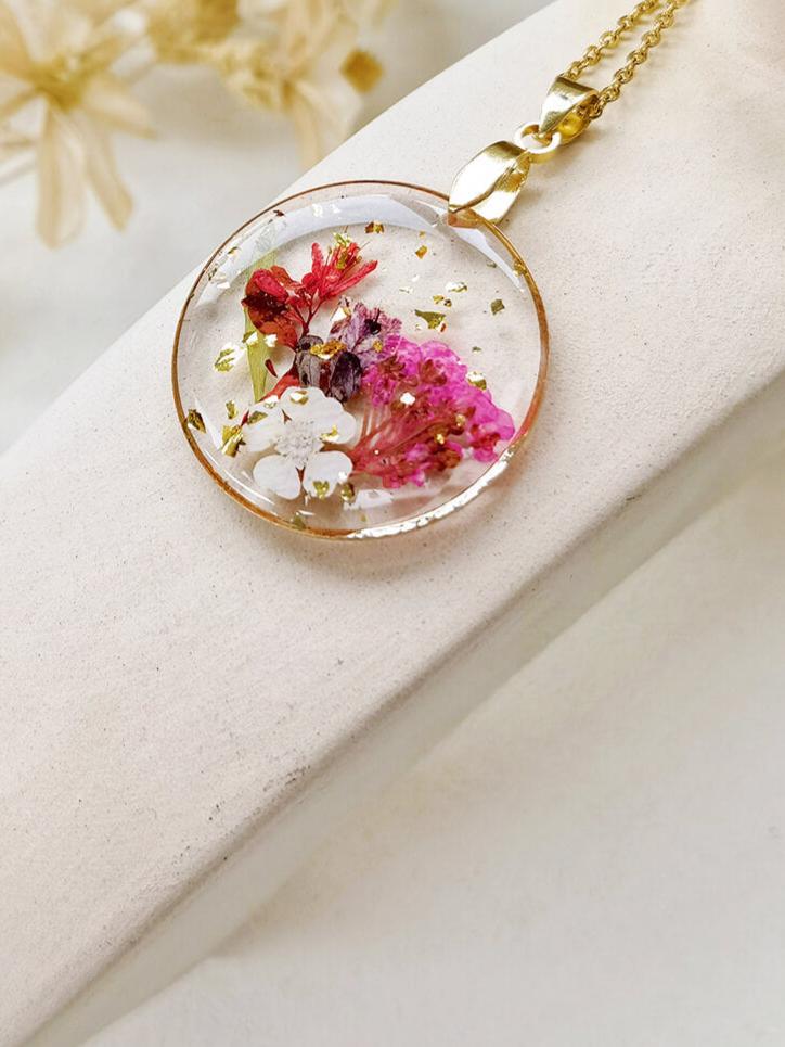 Handmade Birth Flower Bouquet Pressed Resin Pendant Necklaces-April flower