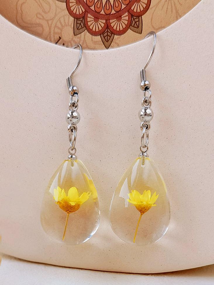 Natural Dahlberg Daisy Dried Flowers of Happiness Water Drop Earrings