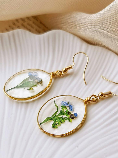 Pressed Flower Earrings -  Forget Me Not Flower Oval