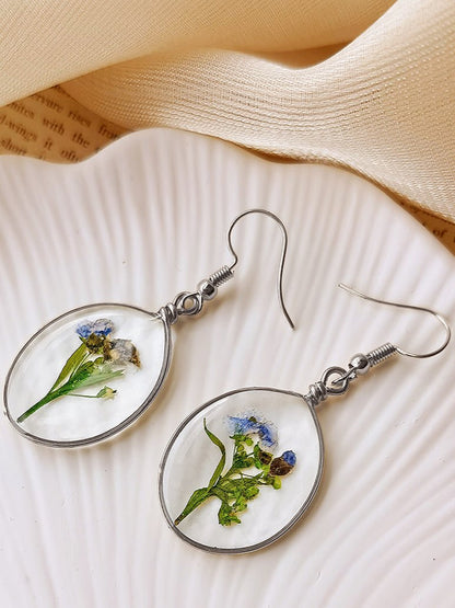 Pressed Flower Earrings -  Forget Me Not Flower Oval