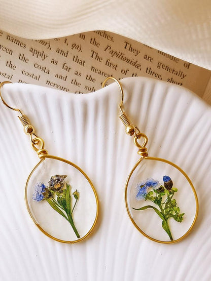 Pressed Flower Earrings -  Forget Me Not Flower Oval