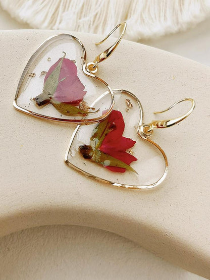 Pressed Flower Earrings - Resin Heart Dried Flower