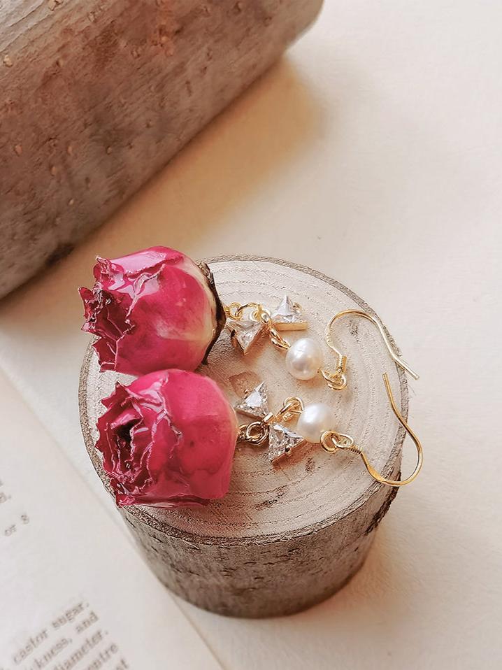 Pressed Flower Earrings - Vintage Rose