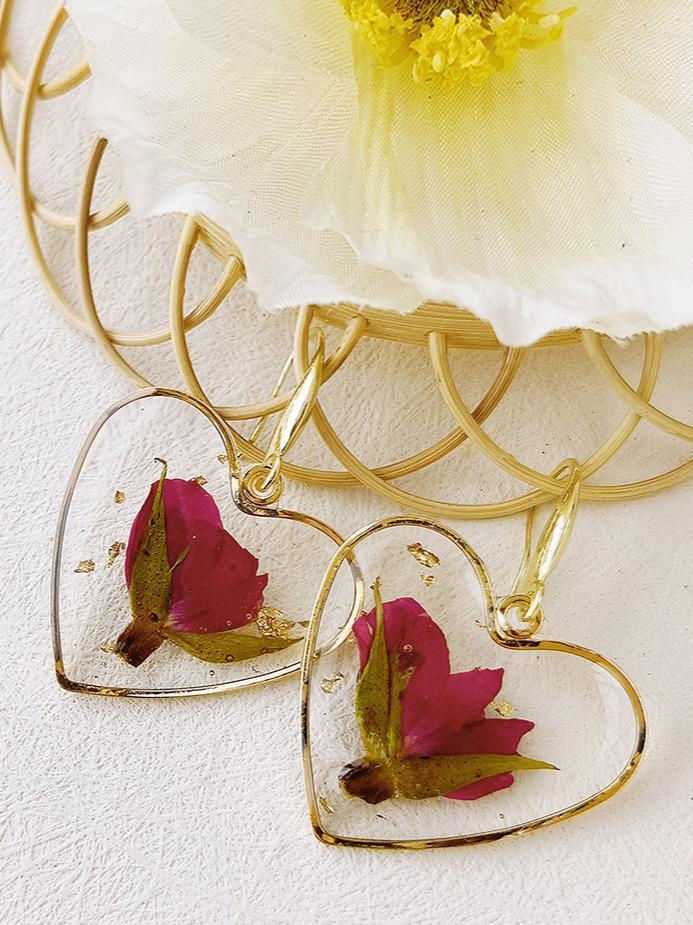 Pressed Flower Earrings - Resin Heart Dried Flower