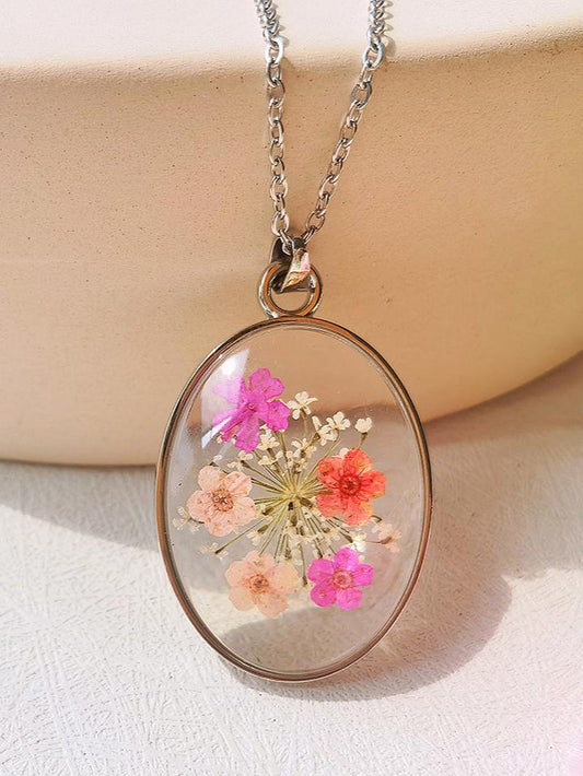 Resin Pendant Necklace With Queen Anne Lace Forget-Me-Not Embossed