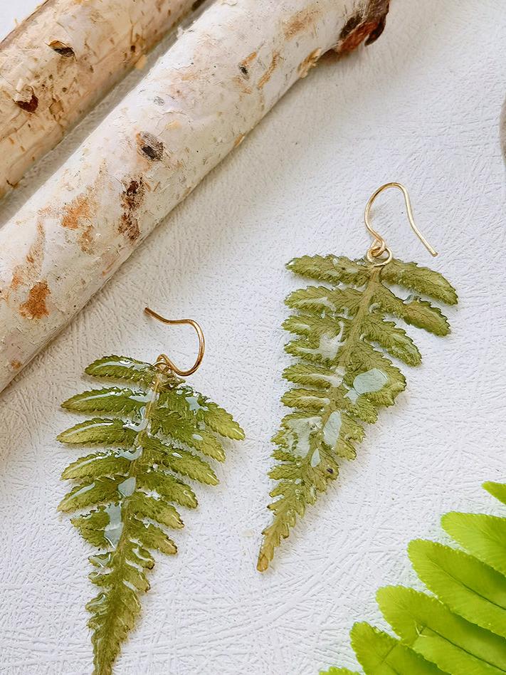 Natural Forest Fern Resin Leaf Botanical Pressed Flower Earrings