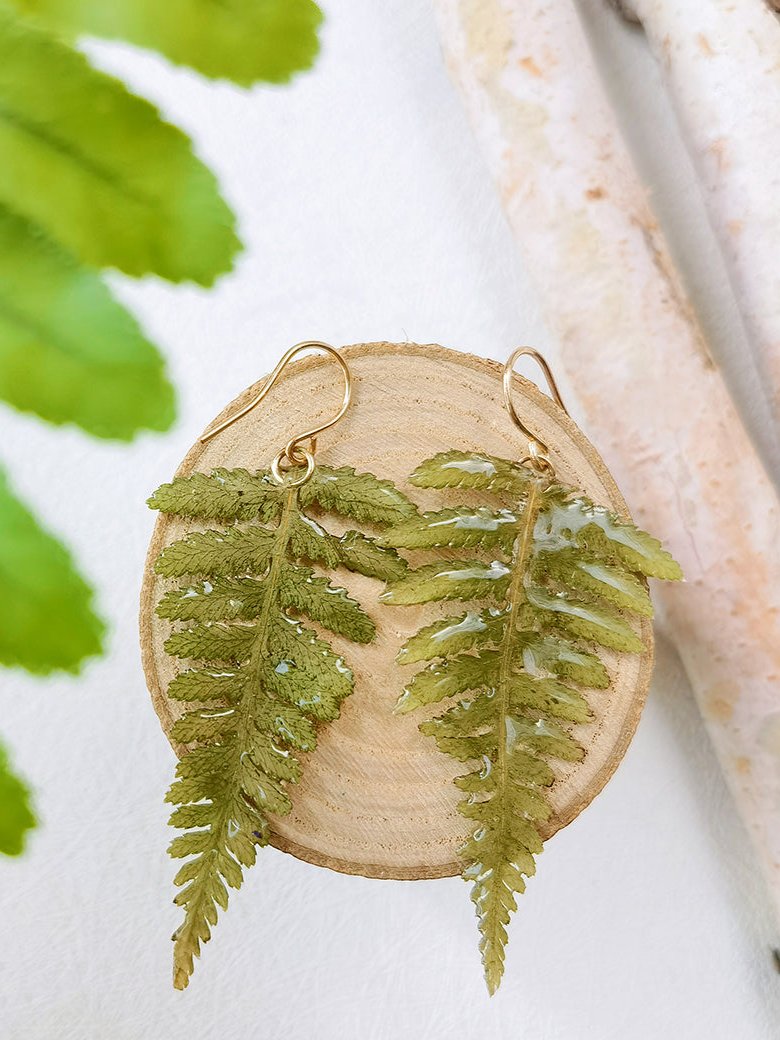 Natural Forest Fern Resin Leaf Botanical Pressed Flower Earrings