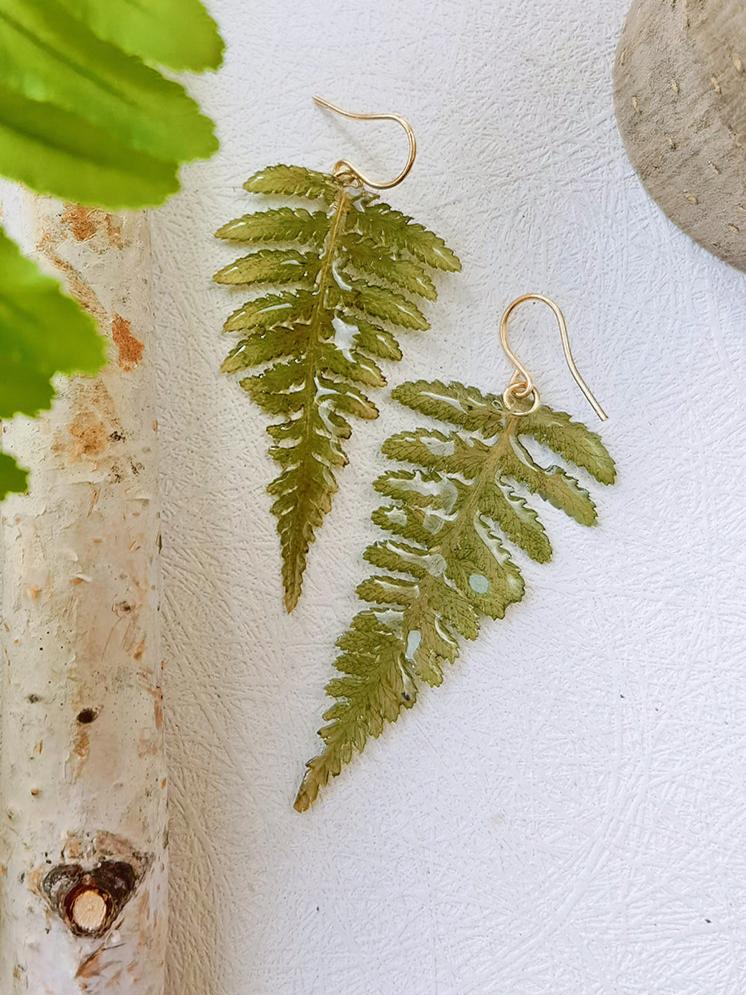 Natural Forest Fern Resin Leaf Botanical Pressed Flower Earrings