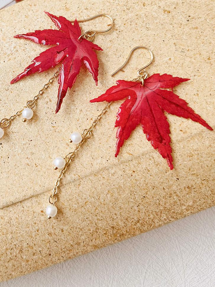 Sun Catcher Maple Leaf Resin Gold Pearl Earrings