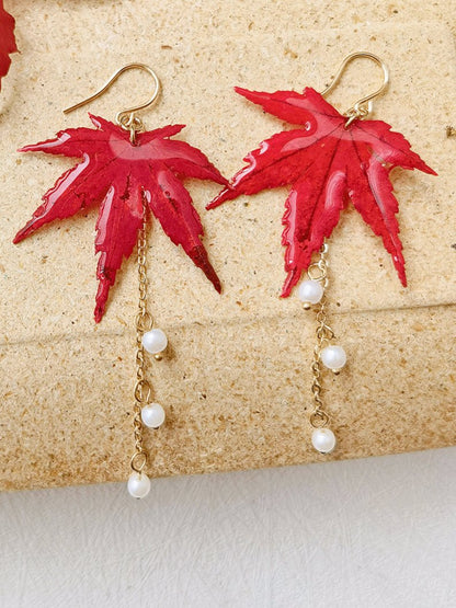 Sun Catcher Maple Leaf Resin Gold Pearl Earrings