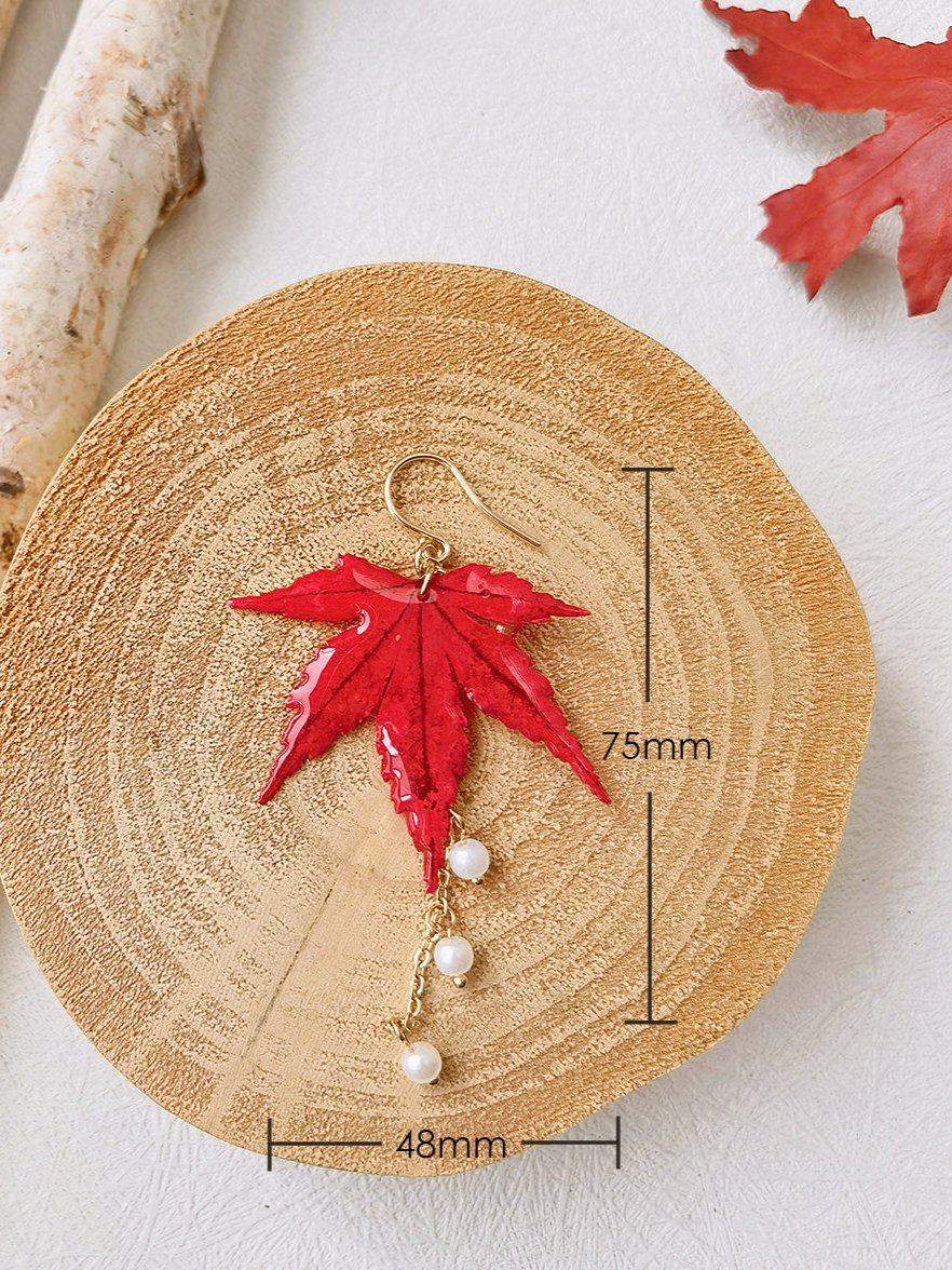 Sun Catcher Maple Leaf Resin Gold Pearl Earrings