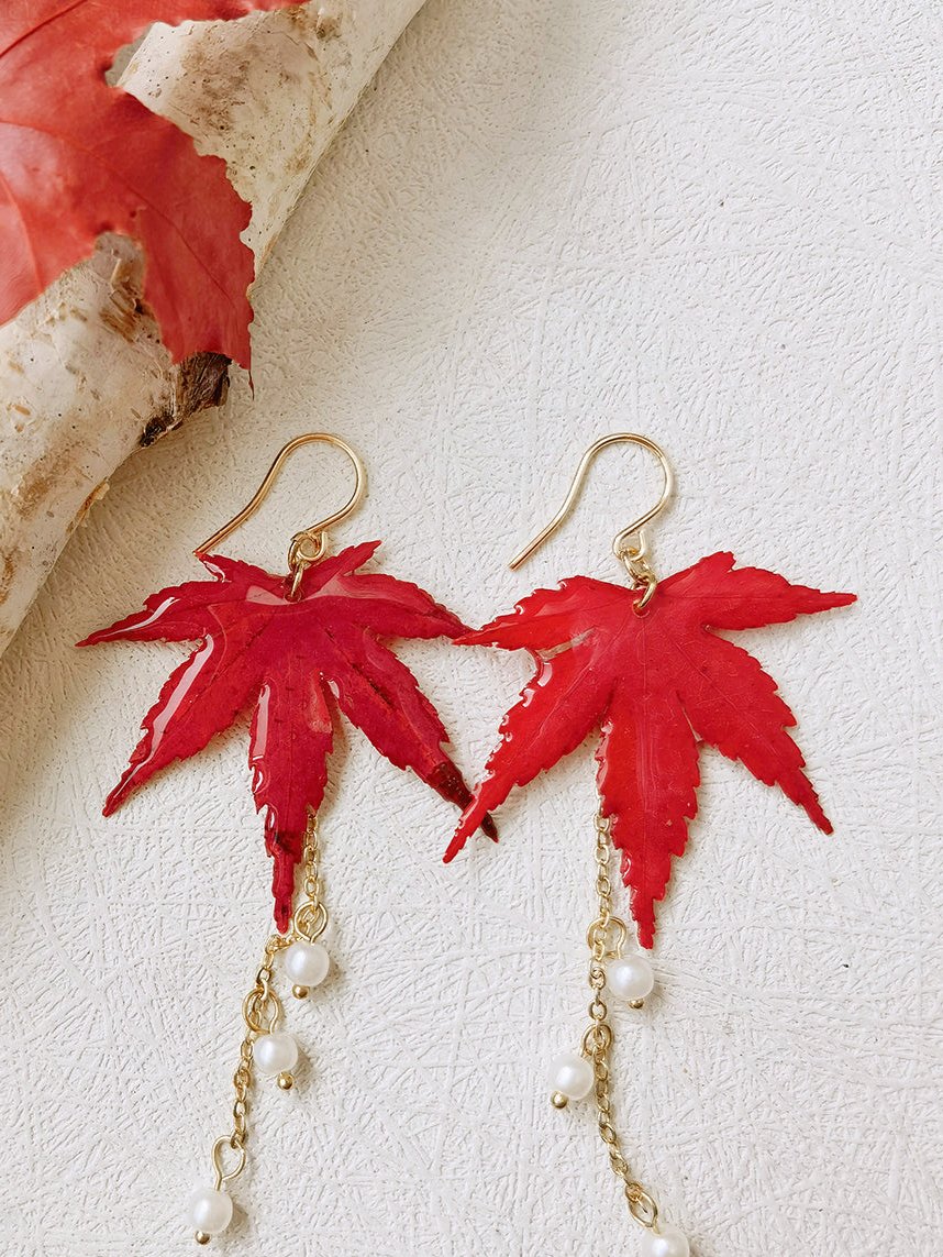 Sun Catcher Maple Leaf Resin Gold Pearl Earrings