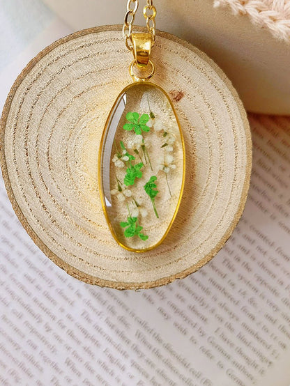 Mini Tulip Golden Oval Pendant  Natural Resin Necklace