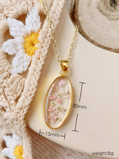 Mini Tulip Golden Oval Pendant  Natural Resin Necklace