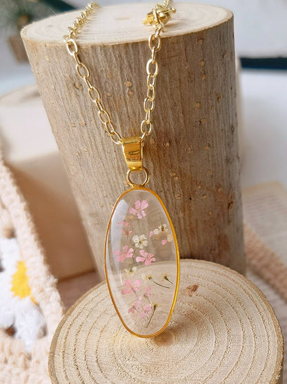 Mini Tulip Golden Oval Pendant  Natural Resin Necklace