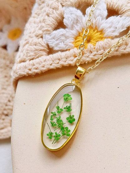 Mini Tulip Golden Oval Pendant  Natural Resin Necklace