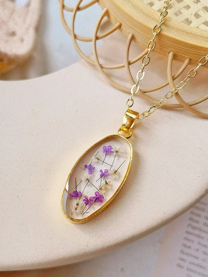 Mini Tulip Golden Oval Pendant  Natural Resin Necklace