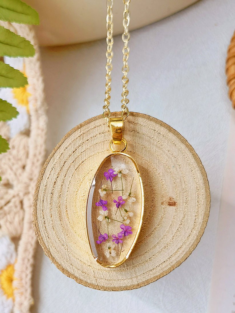 Mini Tulip Golden Oval Pendant  Natural Resin Necklace