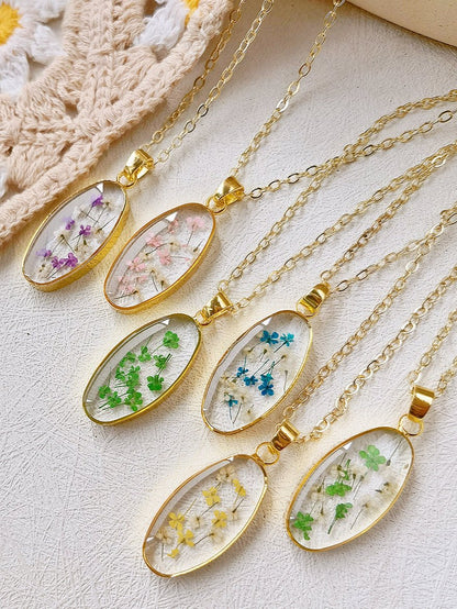 Mini Tulip Golden Oval Pendant  Natural Resin Necklace