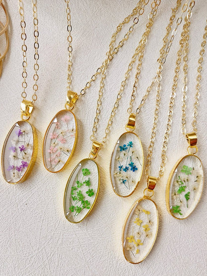 Mini Tulip Golden Oval Pendant  Natural Resin Necklace