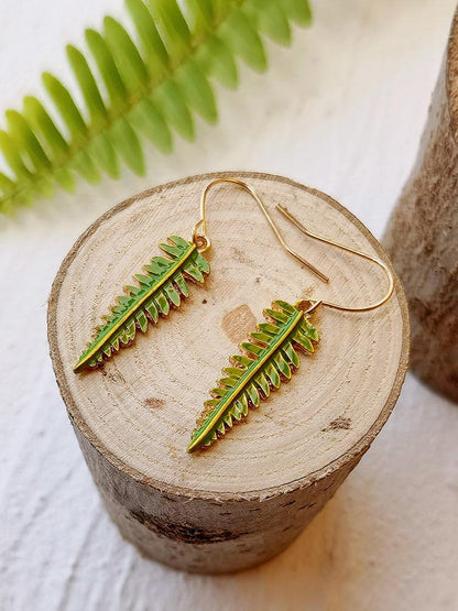 Pressed Flower Earrings - Natural Forest Fern Resin Leaf Botanical