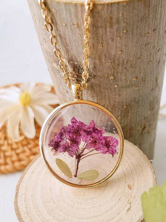 Natural Gypsophila Flower Resin Pressed Flower Botanical Pendant Round Necklace