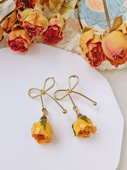 Rose Bow Dried Flowers Earrings