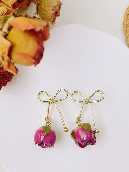 Rose Bow Dried Flowers Earrings