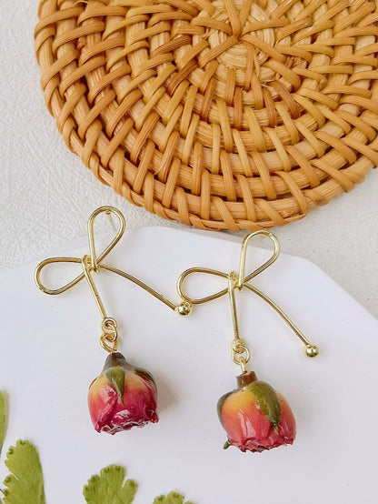 Rose Bow Dried Flowers Earrings