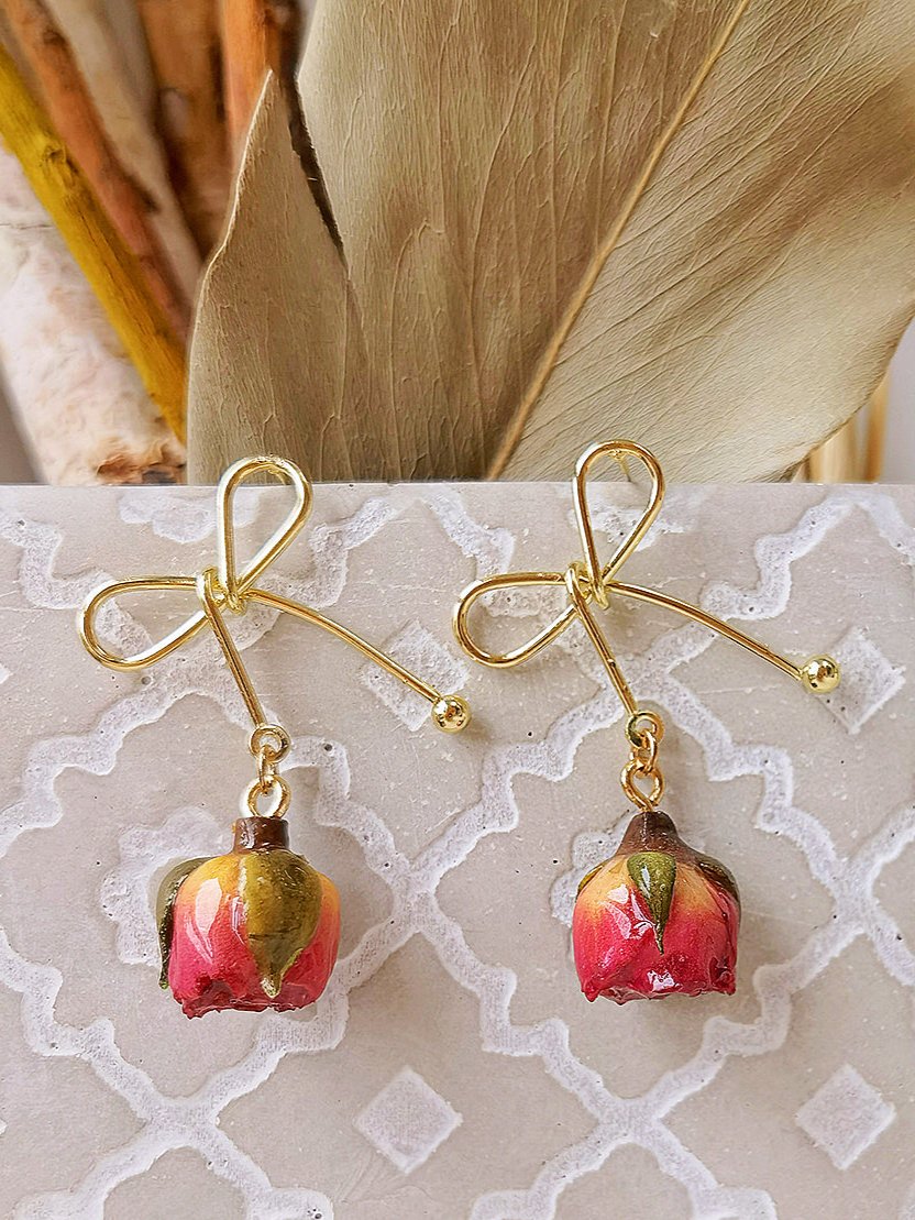 Rose Bow Dried Flowers Earrings