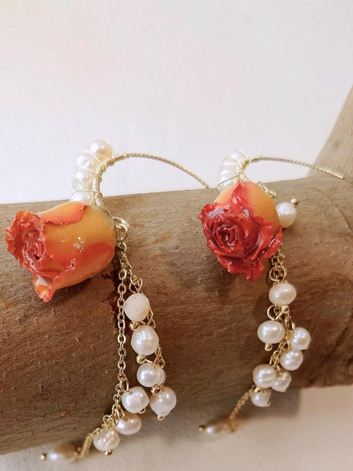 Pressed Flower Earrings - Pearl Dried Rose Flower