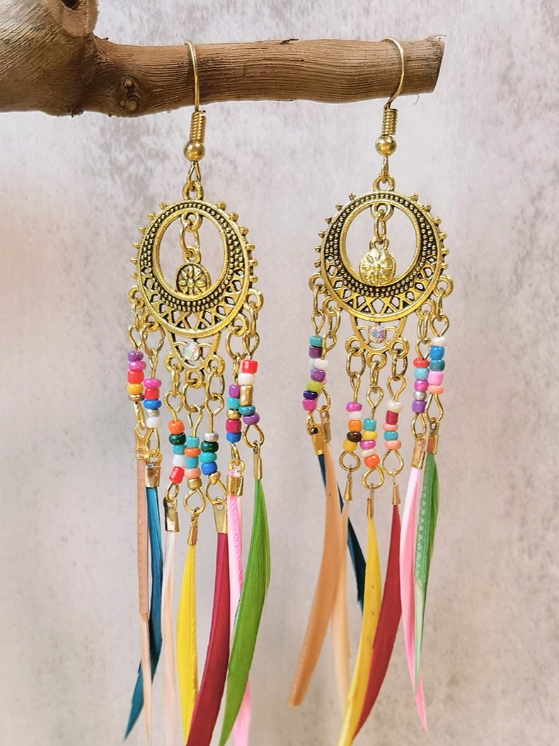 Vintage Ethnic Long Feather Dangle Boho Earrings