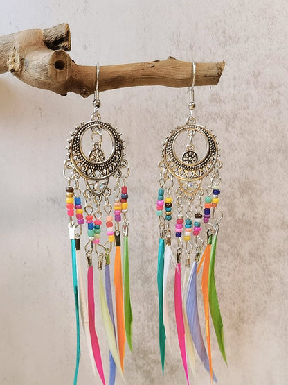 Vintage Ethnic Long Feather Dangle Boho Earrings