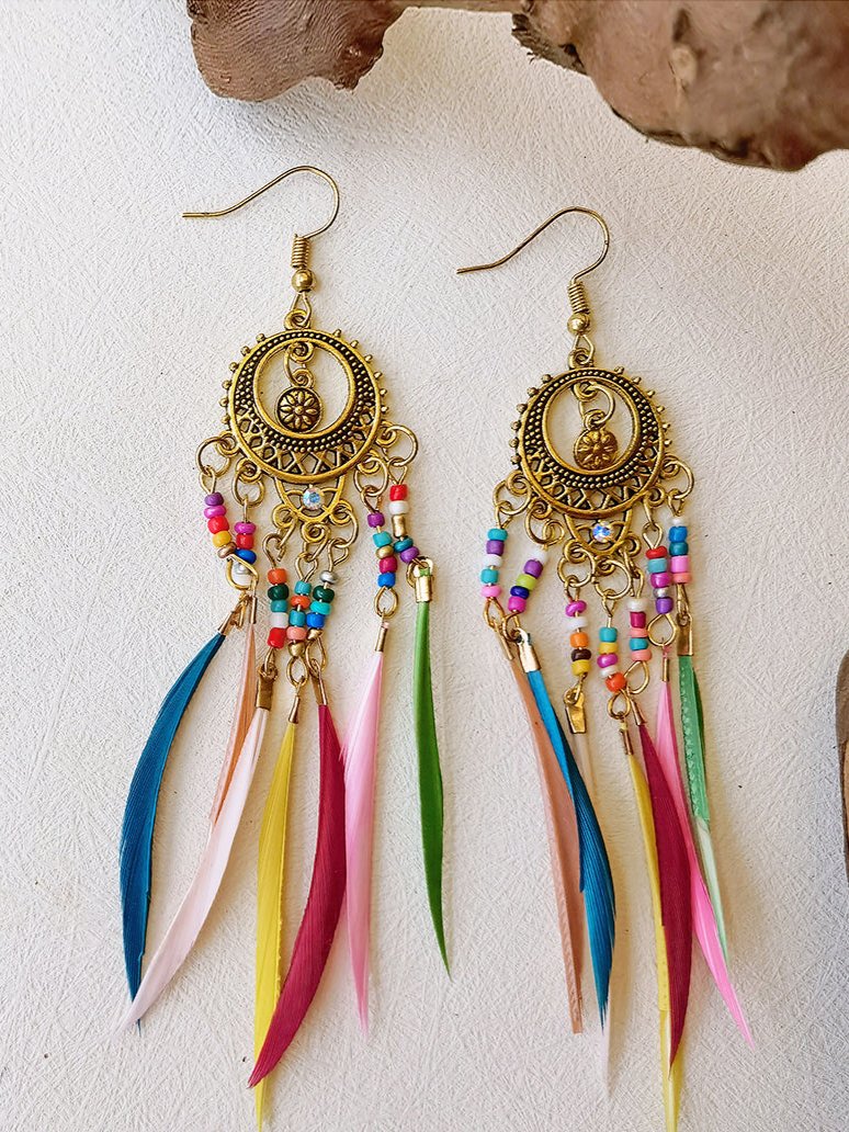 Vintage Ethnic Long Feather Dangle Boho Earrings