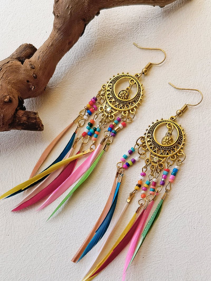 Vintage Ethnic Long Feather Dangle Boho Earrings