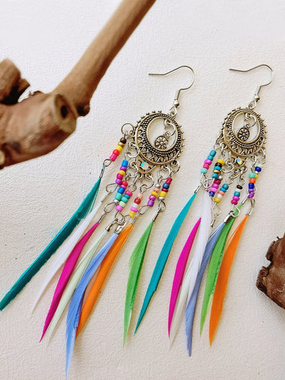 Vintage Ethnic Long Feather Dangle Boho Earrings