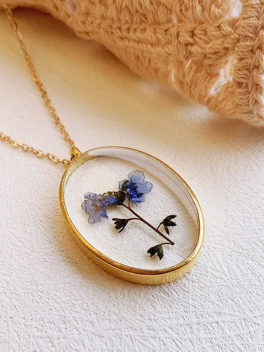 Pressed Flower Necklace -  Forget Me Not Flower Oval