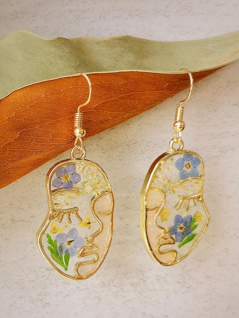 Pressed Flower Earrings - Abstract Face Forget Me Not Flower