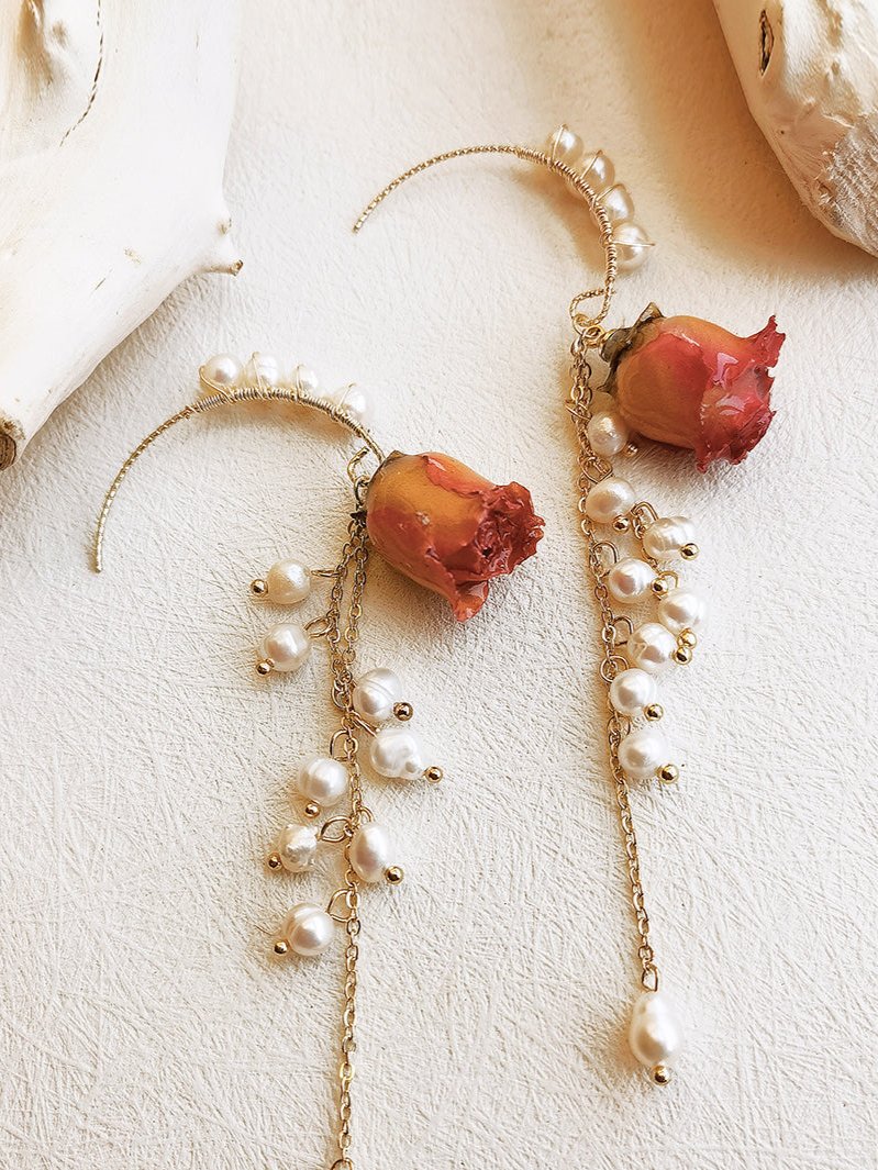 Pressed Flower Earrings - Pearl Dried Rose Flower