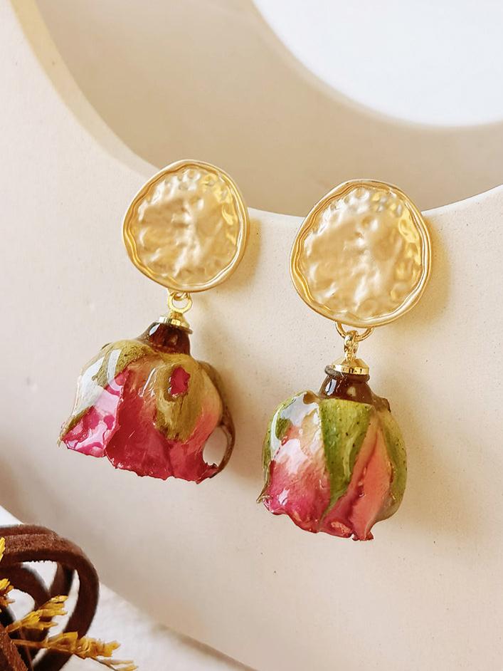 Pressed Flower Earrings - Gold plated Rose