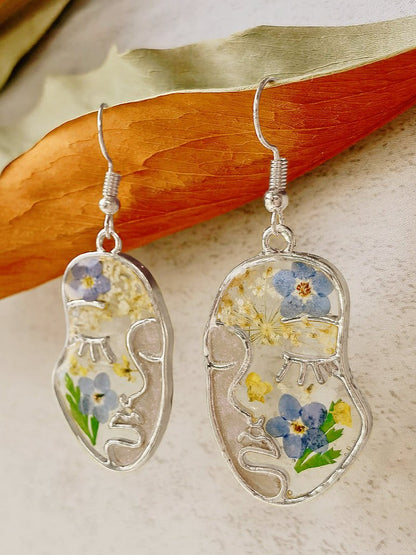 Pressed Flower Earrings - Abstract Face Forget Me Not Flower