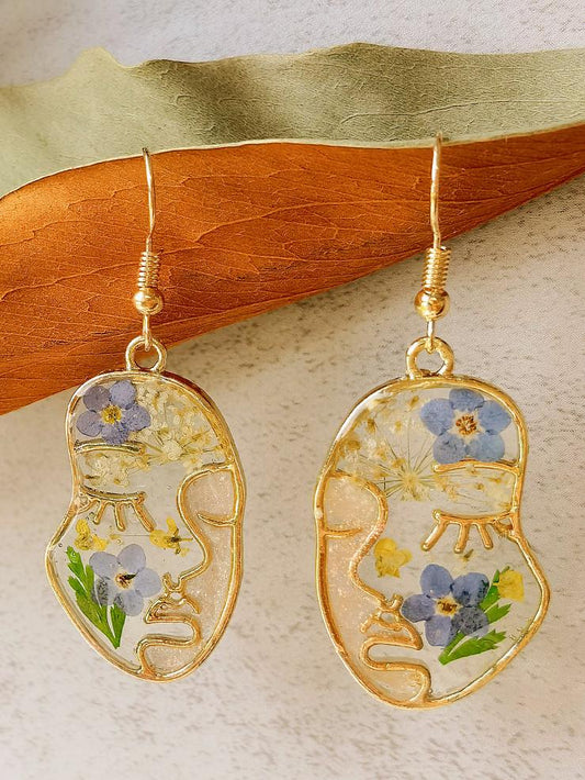 Pressed Flower Earrings - Abstract Face Forget Me Not Flower