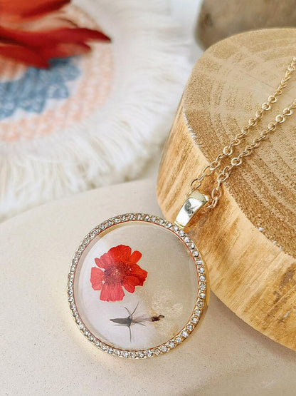 Flower Resin Round Crystal Pendant Necklace